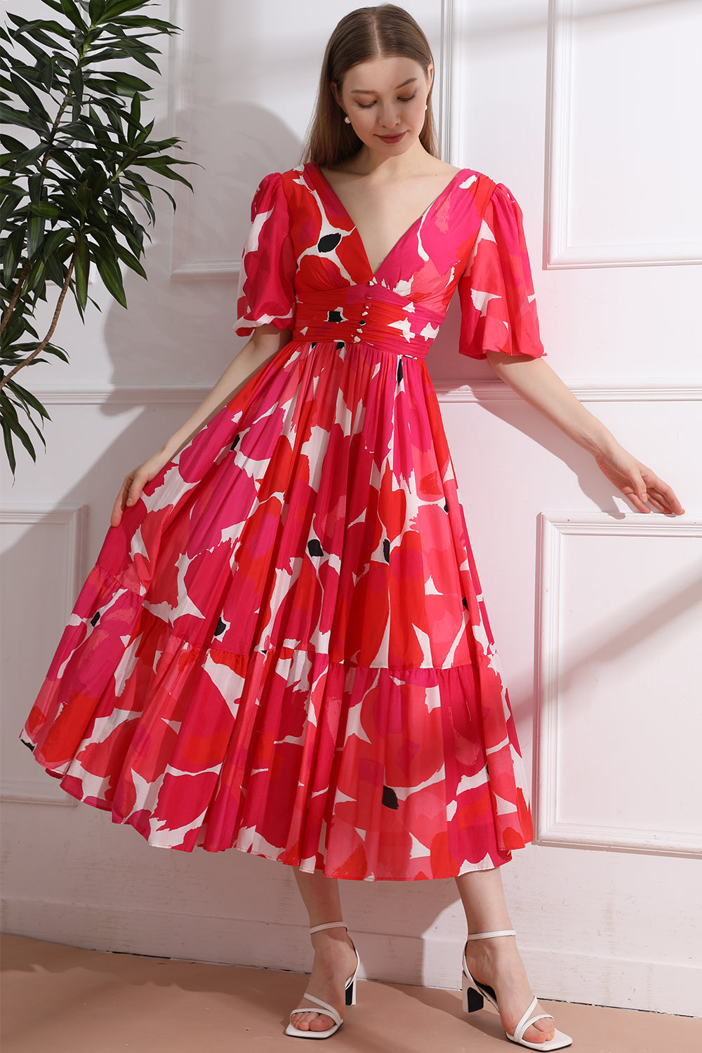 MissJophiel Puff Sleeves V Neck Silk Cutton Midi Dress Other / Tea Length / US10 MissJophiel Puff Sleeves V Neck Silk Cutton Midi Dress Other / Tea Length / US10