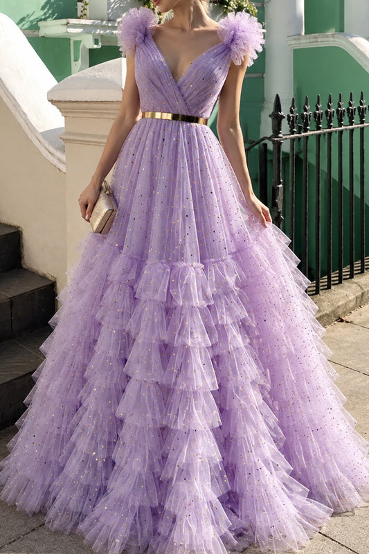 Straps V Neck Tiered Star Tulle Evening Dress