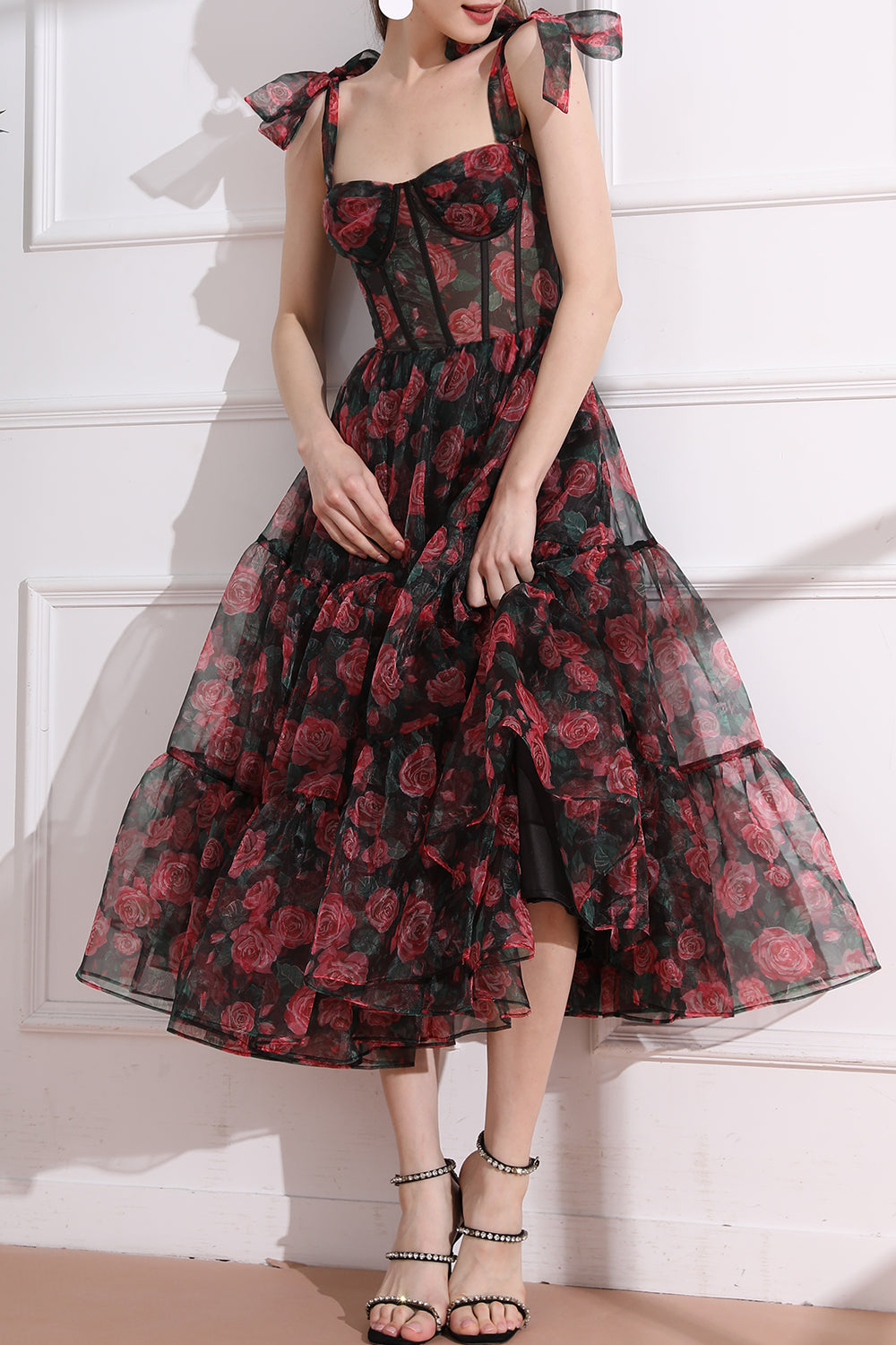MissJophiel Strapless Corset Dress Floral Print Organza Midi Dress with Removable Straps MissJophiel Strapless Corset Dress Floral Print Organza Midi Dress with Removable Straps