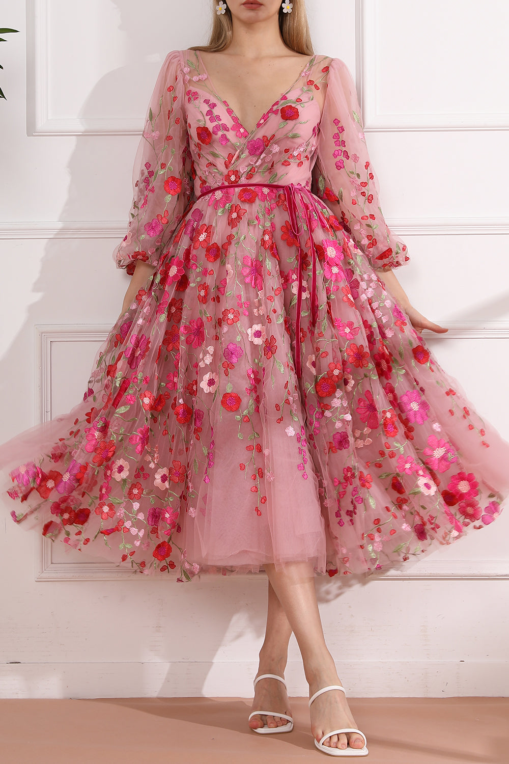 MissJophiel Embroidery Floral V Neck Puff Sleeves Midi Dress Lavender Floral / Floor Length / US12 MissJophiel Embroidery Floral V Neck Puff Sleeves Midi Dress Lavender Floral / Floor Length / US12