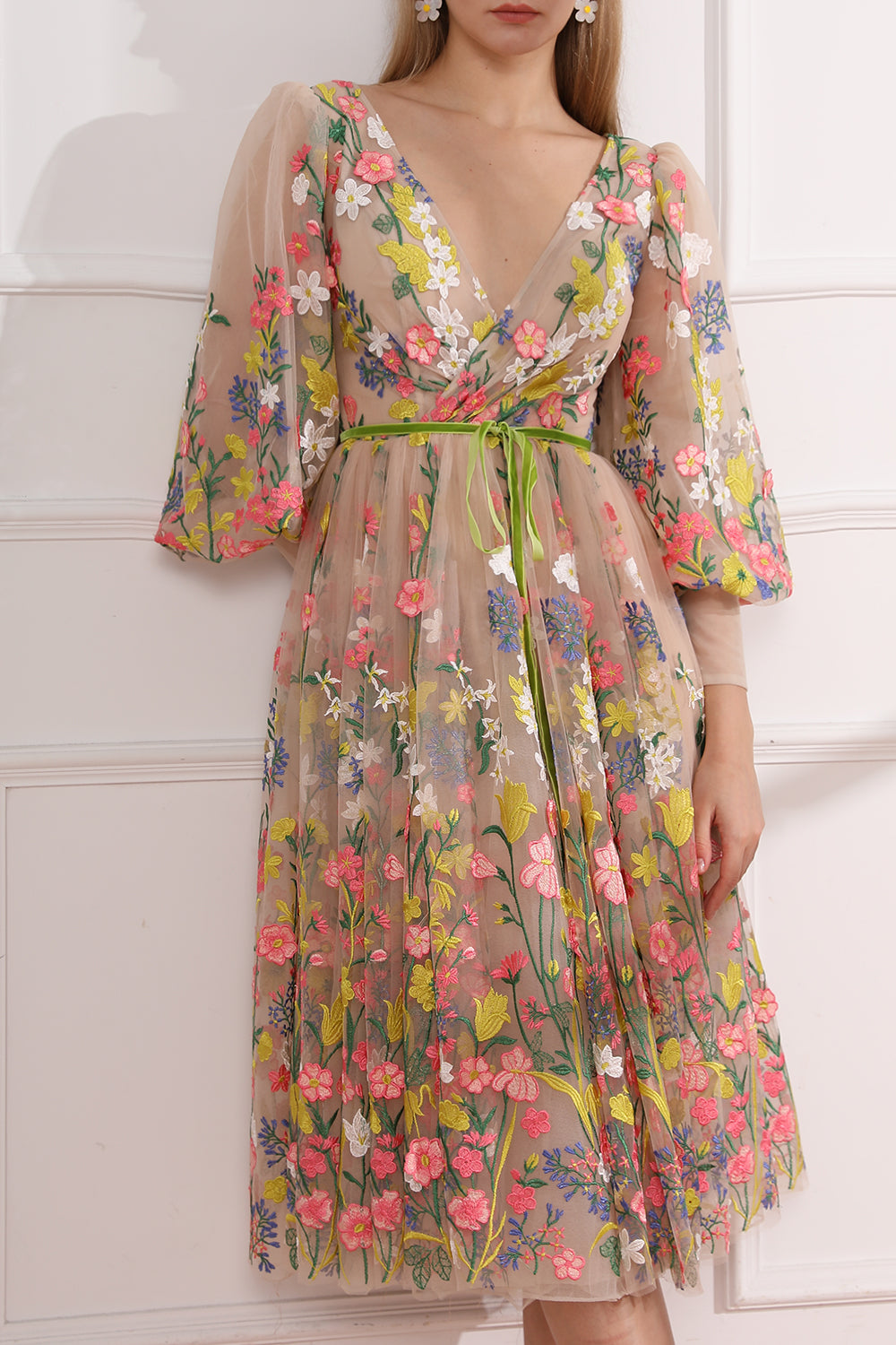 BHLDN Stevie Sleeveless V-Neck Floral Appliqué A-Line Midi Dress