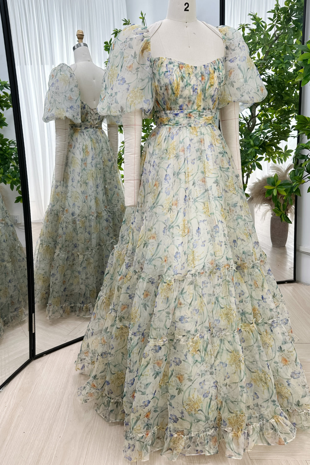 MissJophiel Puff Sleeves Tiered Floral Organza Prom Dress MissJophiel Puff Sleeves Tiered Floral Organza Prom Dress