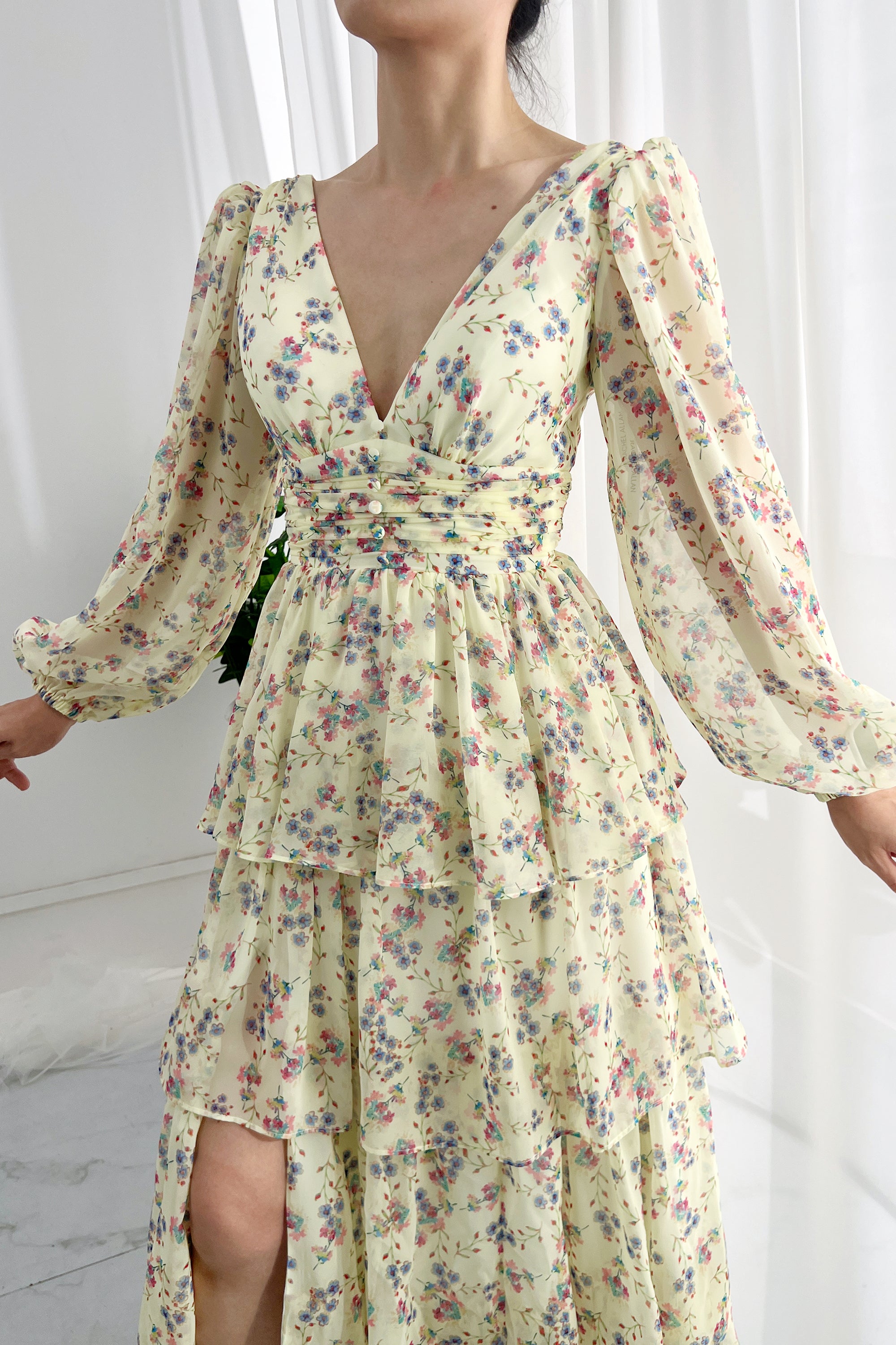 MissJophiel Long Puff Sleeves Tiered Chiffon Floral Midi Dress