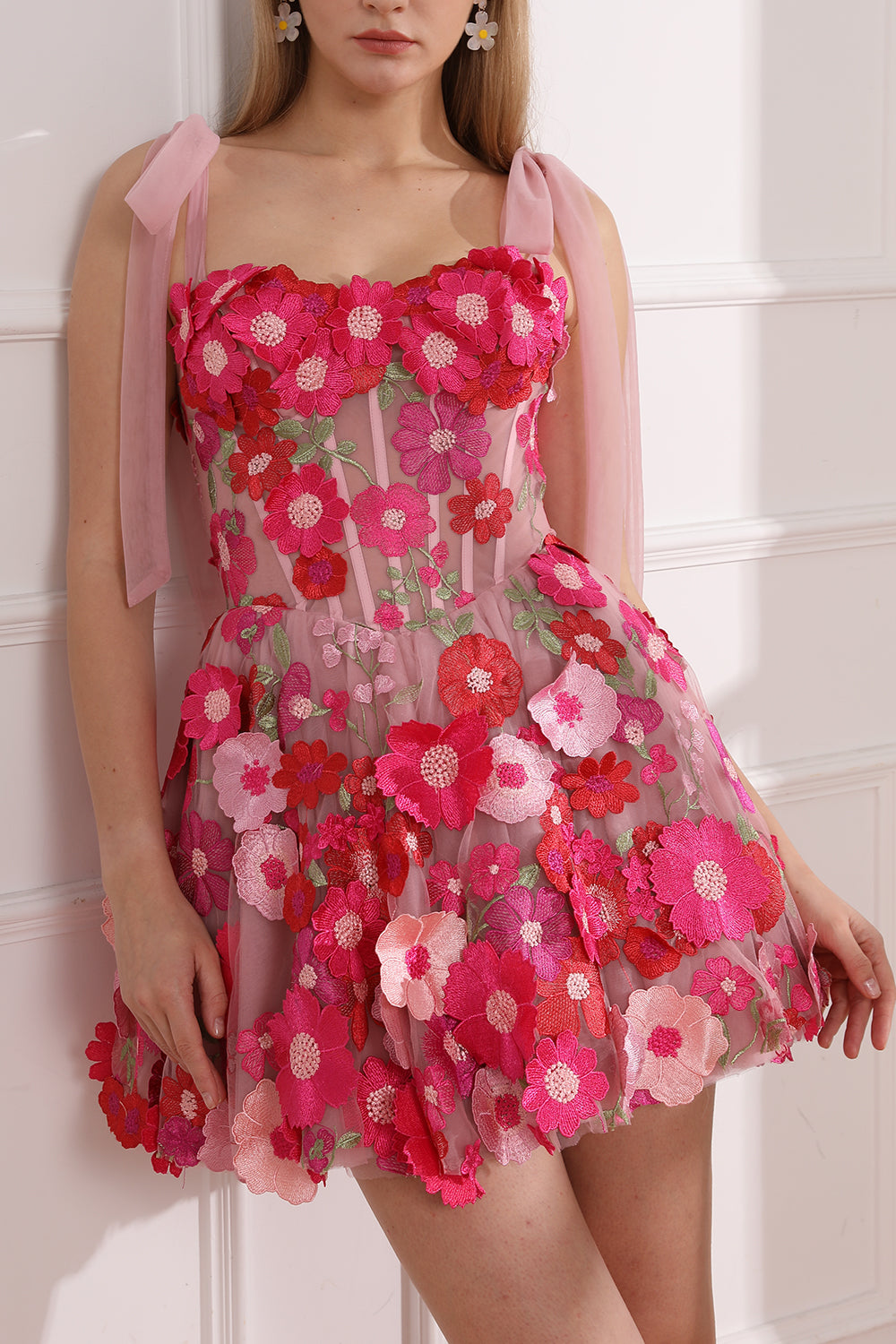 MissJophiel Corset Floral Embroidery Fuchsia/Pink Dress with Tie Straps Yellow Floral / Above Knee / US14 MissJophiel Corset Floral Embroidery Fuchsia/Pink Dress with Tie Straps Yellow Floral / Above Knee / US14