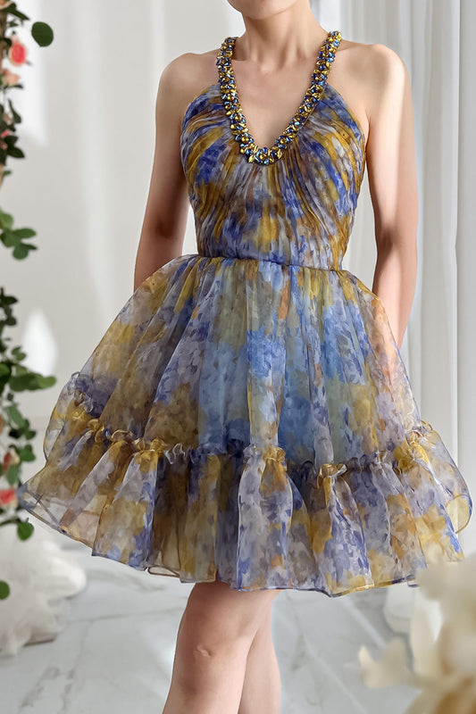 Halter with Crystrals Print Organza Mini Dress