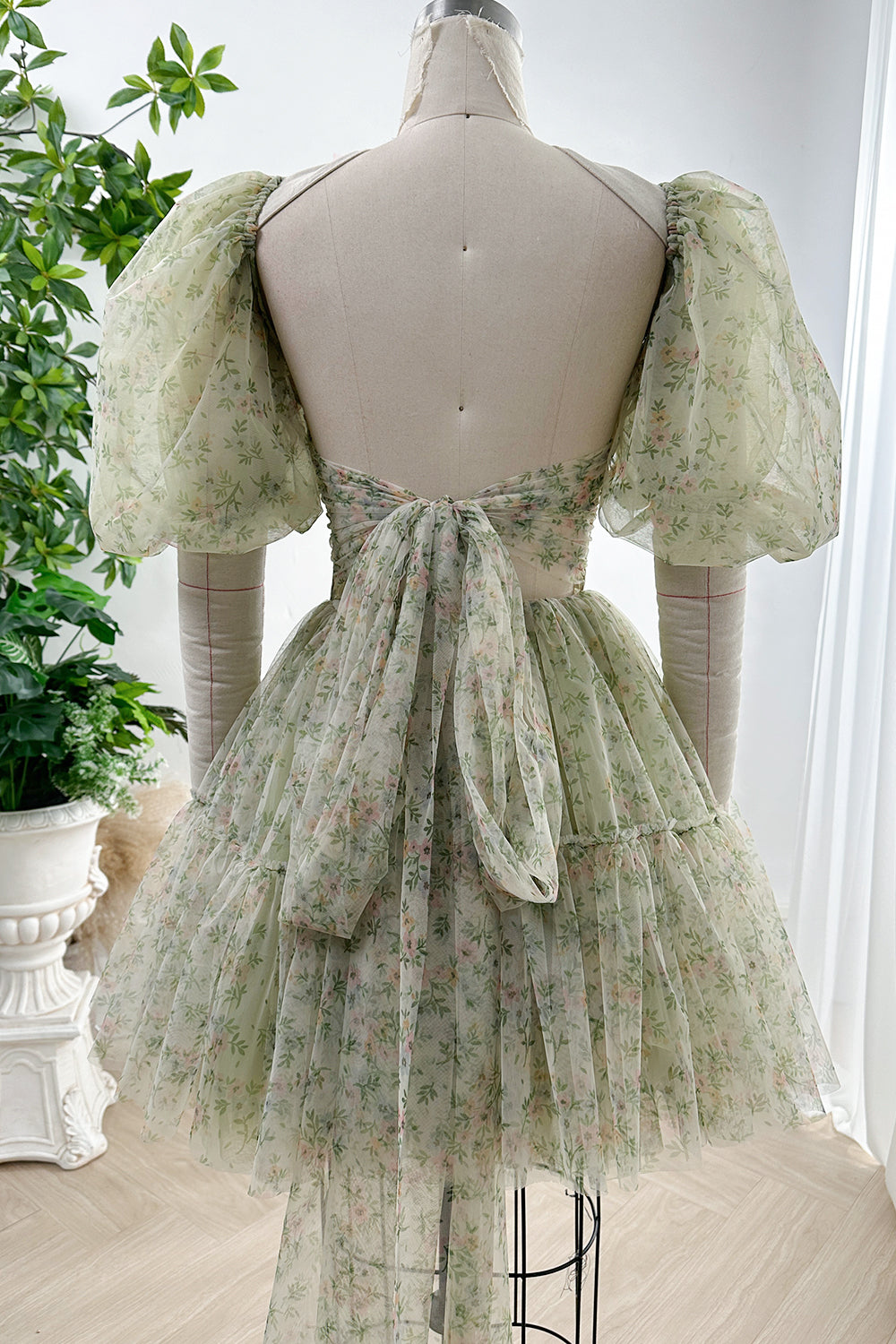 Corset Tie Back Floral Print Tulle Prom Dress with Removable Puff Sleeves
