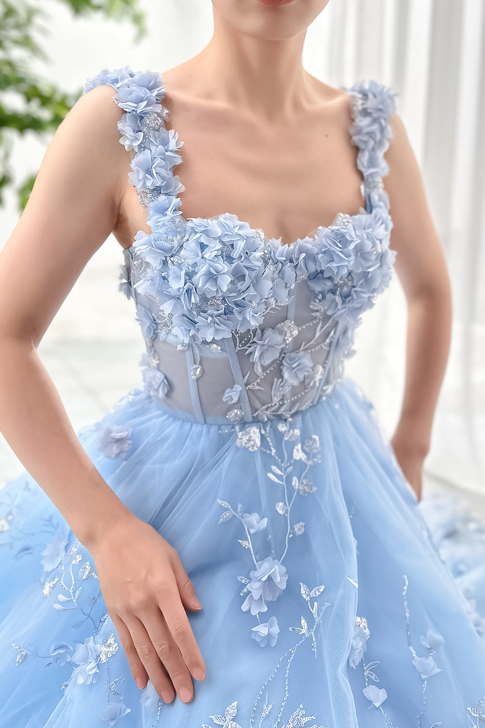 MissJophiel Corset 3D Floral Sky Blue Midi Dress Ivory / Tea Length / Custom Size/ Plus Size MissJophiel Corset 3D Floral Sky Blue Midi Dress Ivory / Tea Length / Custom Size/ Plus Size