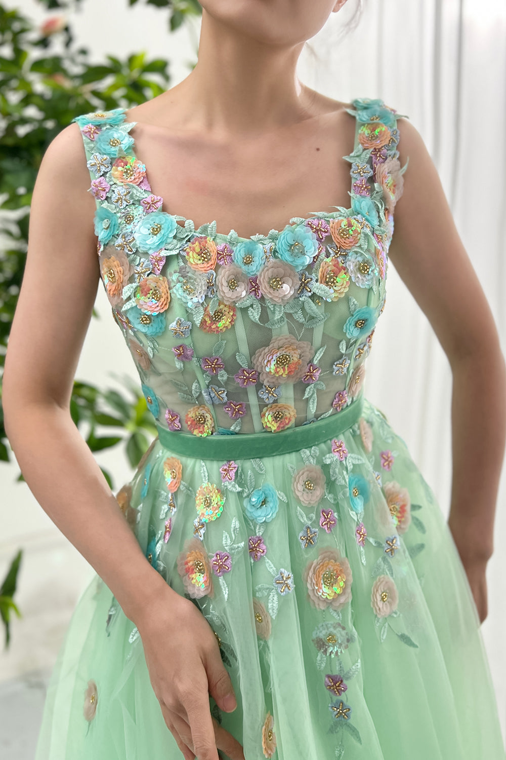 MissJophiel Straps with 3D Sequin Flowers Mint Tulle Midi Dress Other / Tea Length / US4