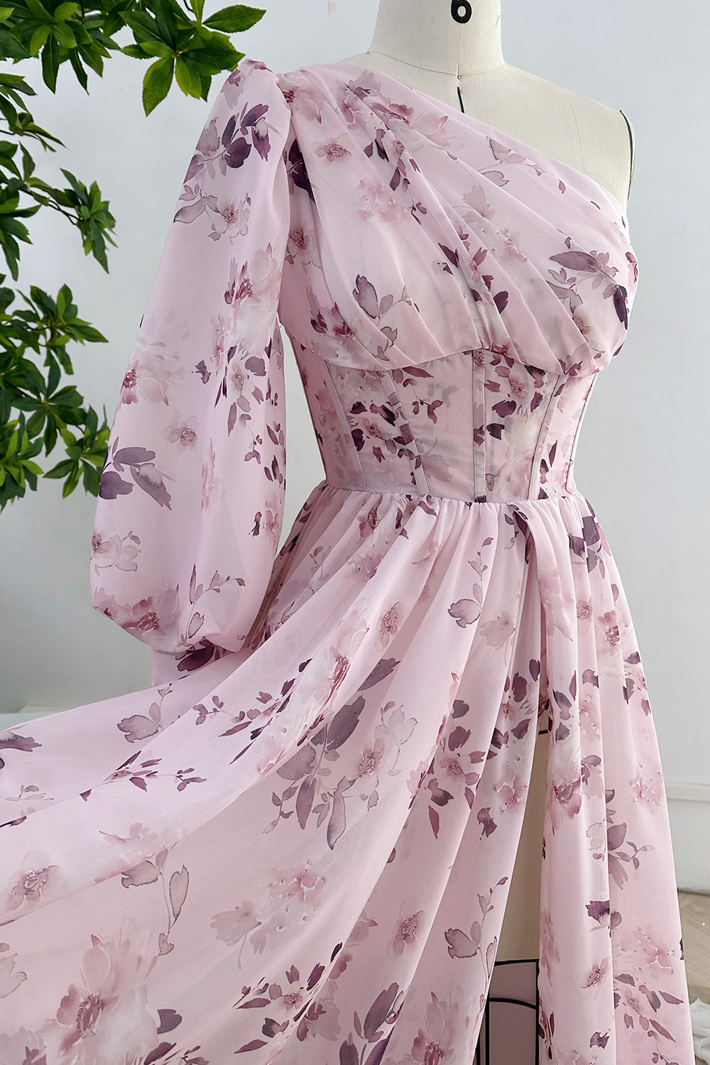 MissJophiel One Shoulder Long Sleeves Floral Print Chiffon Dress with Side Slit Pink Floral Print / Tea Length / Custom Size MissJophiel One Shoulder Long Sleeves Floral Print Chiffon Dress with Side Slit Pink Floral Print / Tea Length / Custom Size