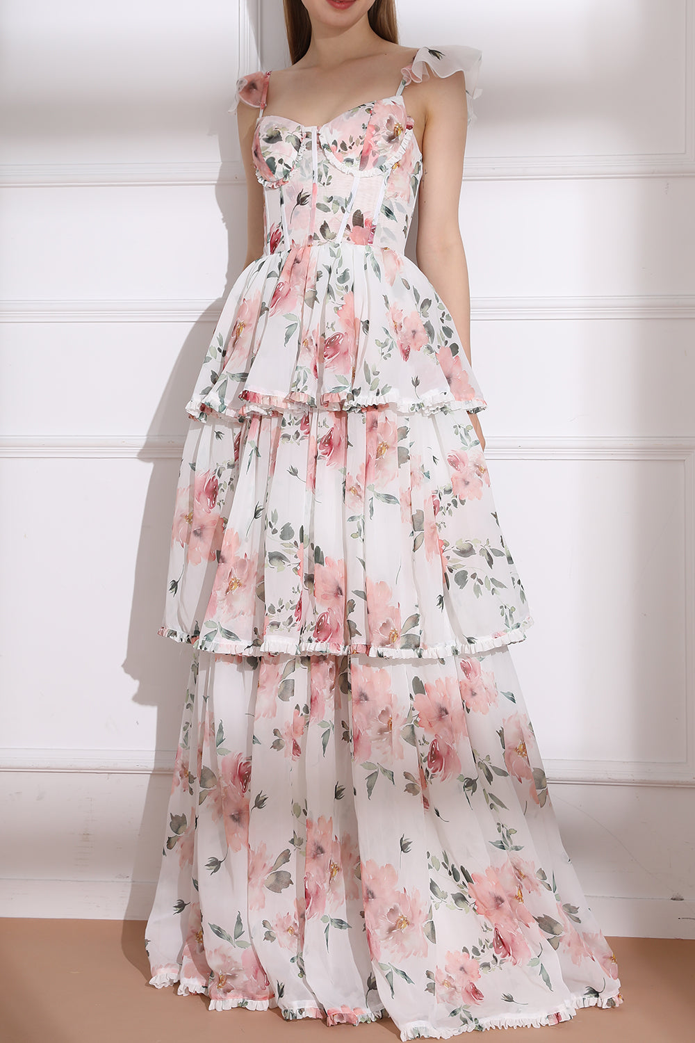 MissJophiel Straps Corset Floral Print Chiffon Tiered Dress Blush Pink Floral Print / Floor Length / US6 MissJophiel Straps Corset Floral Print Chiffon Tiered Dress Blush Pink Floral Print / Floor Length / US6