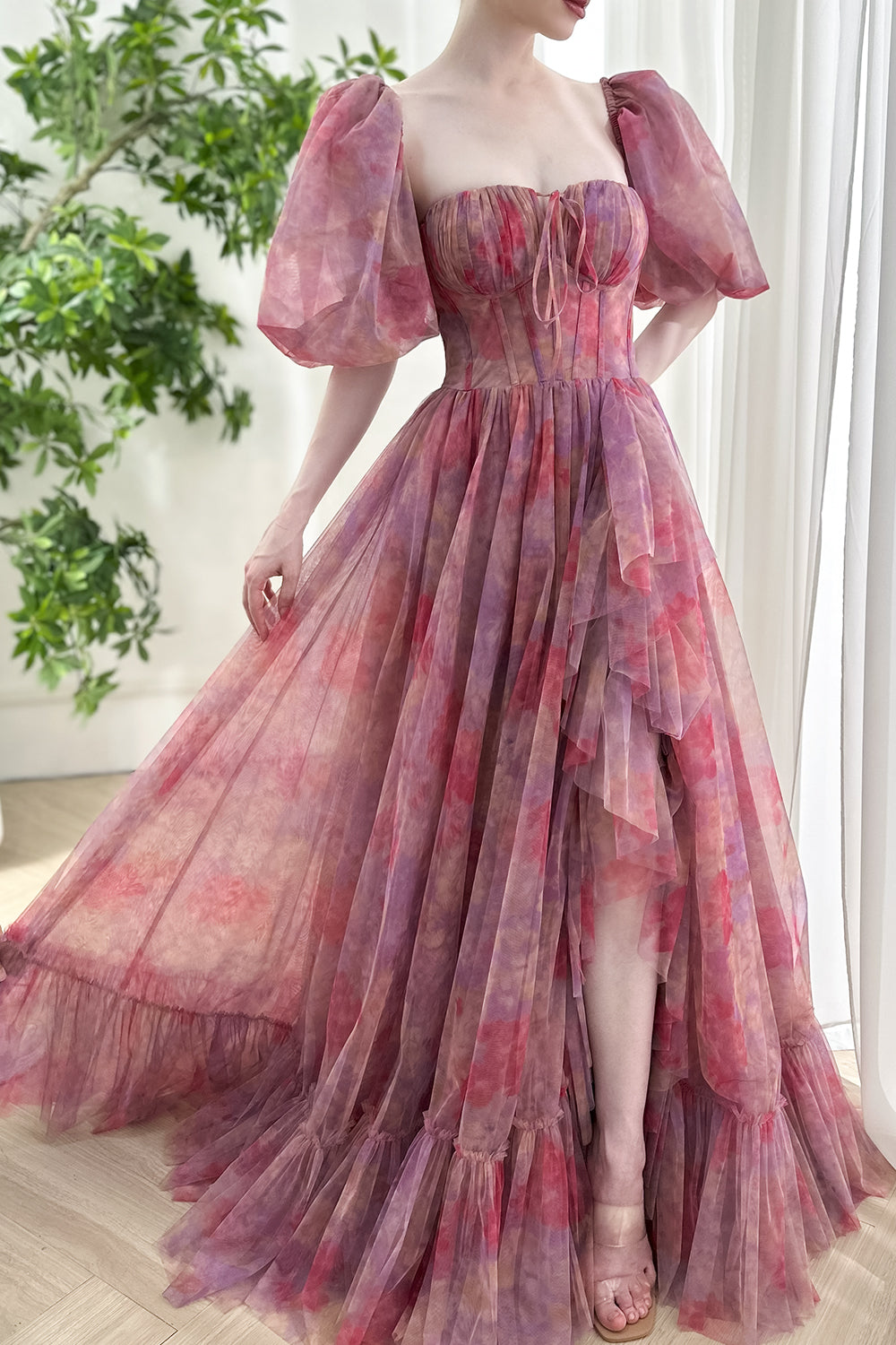 long puff sleeve long dress Plus Size Long Puff Sleeve Chiffon Maxi Dress