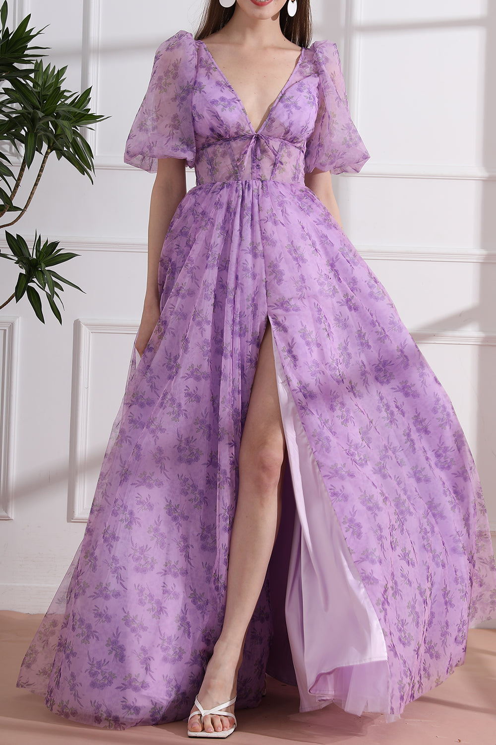 purple puff sleeve dress MissJophiel Puff Sleeves V Neck Lavender Floral Print Tulle Dress Other / Floor Length / Custom Size / Plus Size