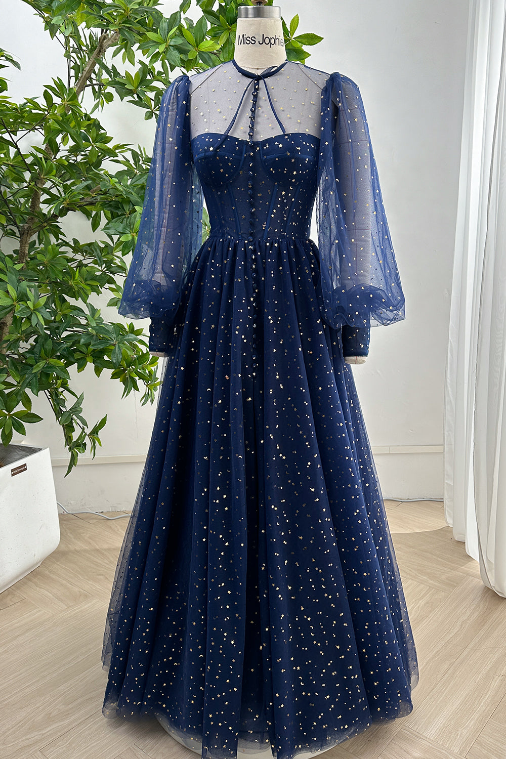 MissJophiel Long Sleeves Illusion Corset Dark Navy Dress with Slit MissJophiel Long Sleeves Illusion Corset Dark Navy Dress with Slit