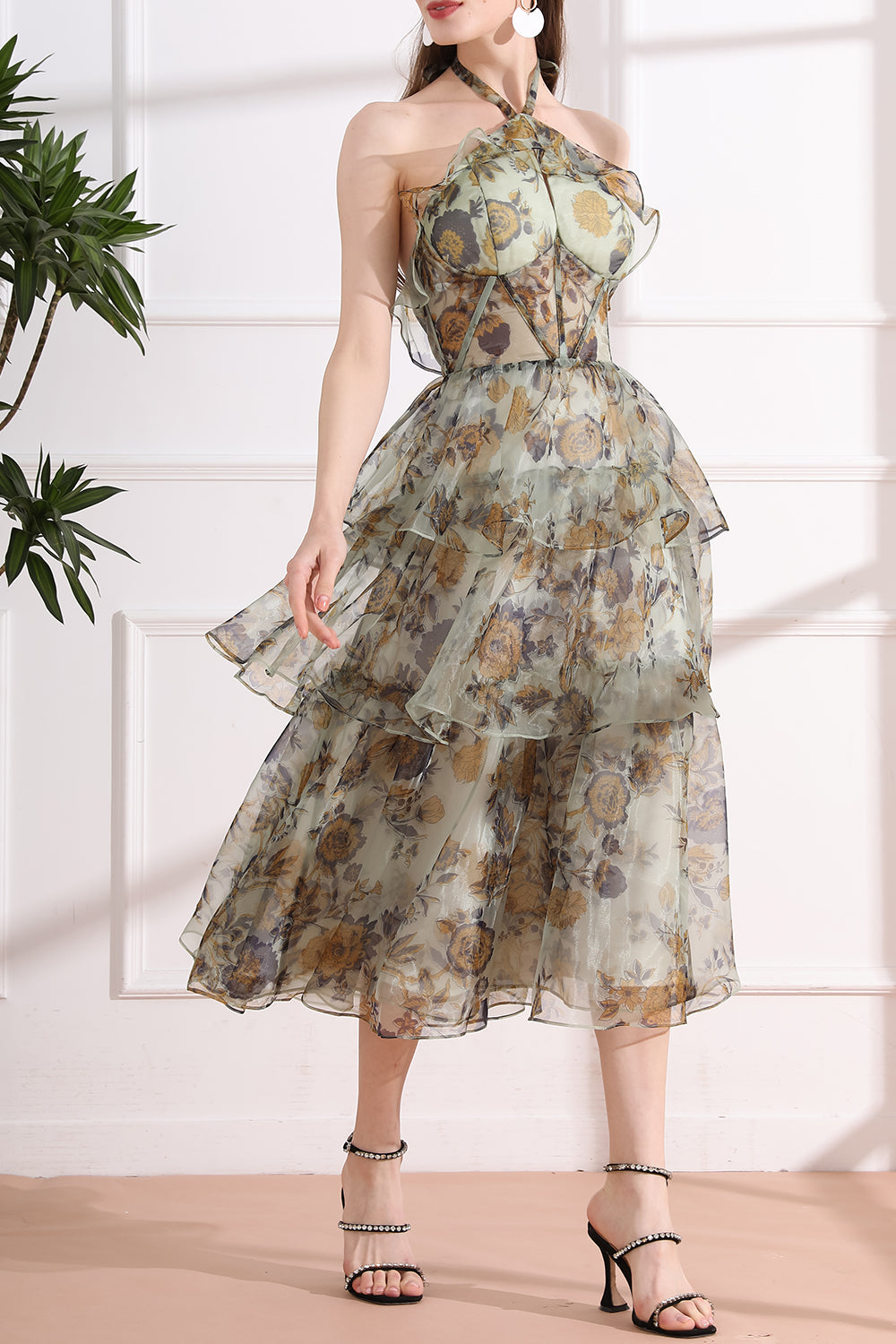 MissJophiel Corset Ruffle Halter Tiered Print Organza Dress Other / Floor Length / US6 MissJophiel Corset Ruffle Halter Tiered Print Organza Dress Other / Floor Length / US6