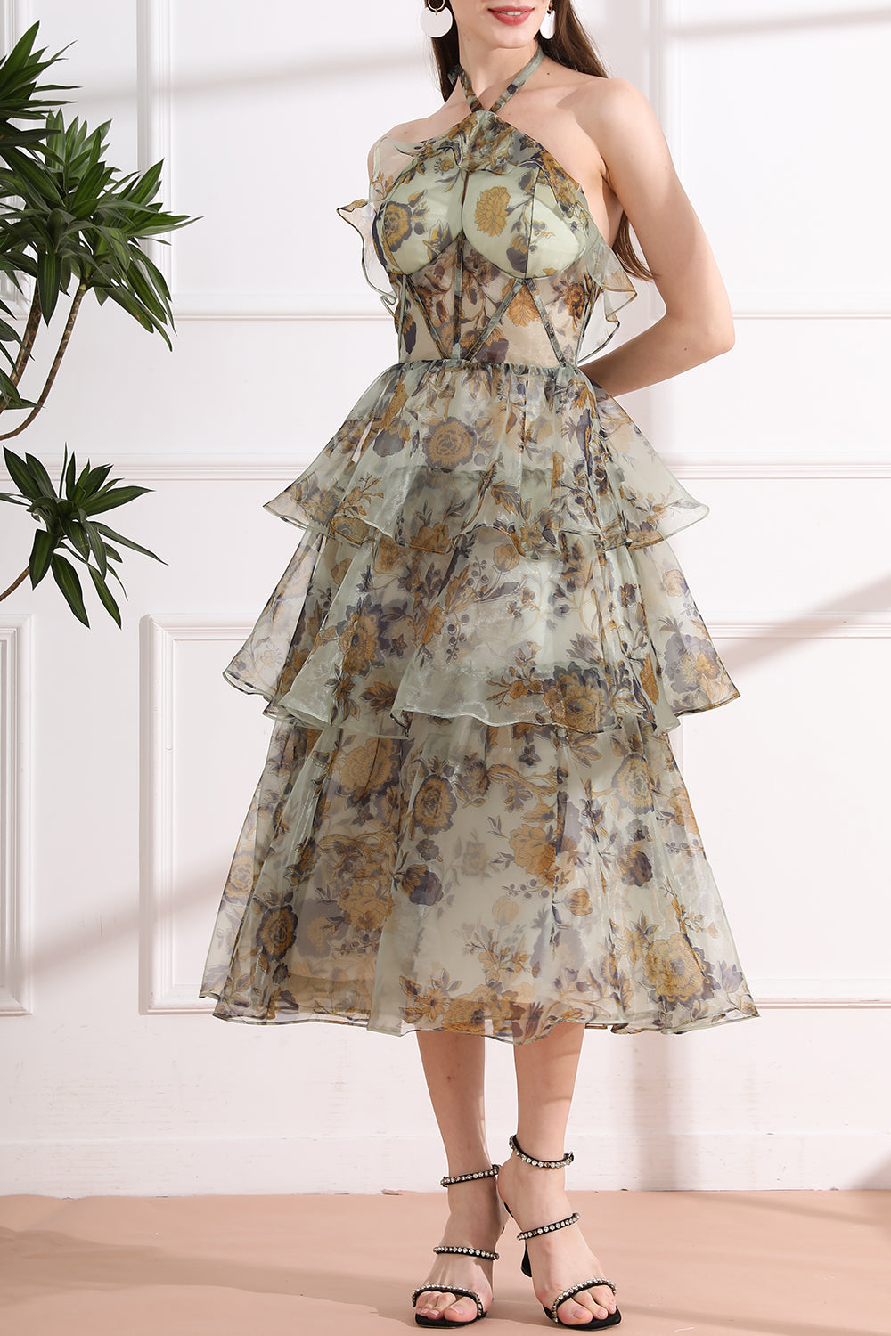 Corset Ruffle Halter Tiered Print Organza Dress