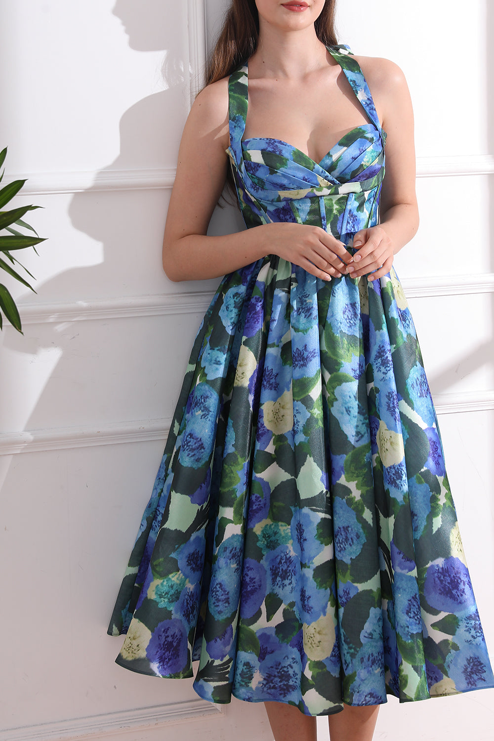 MissJophiel Corset Blue Green Floral Print Satin Dress Tie Straps Other / Tea Length / US2 MissJophiel Corset Blue Green Floral Print Satin Dress Tie Straps Other / Tea Length / US2