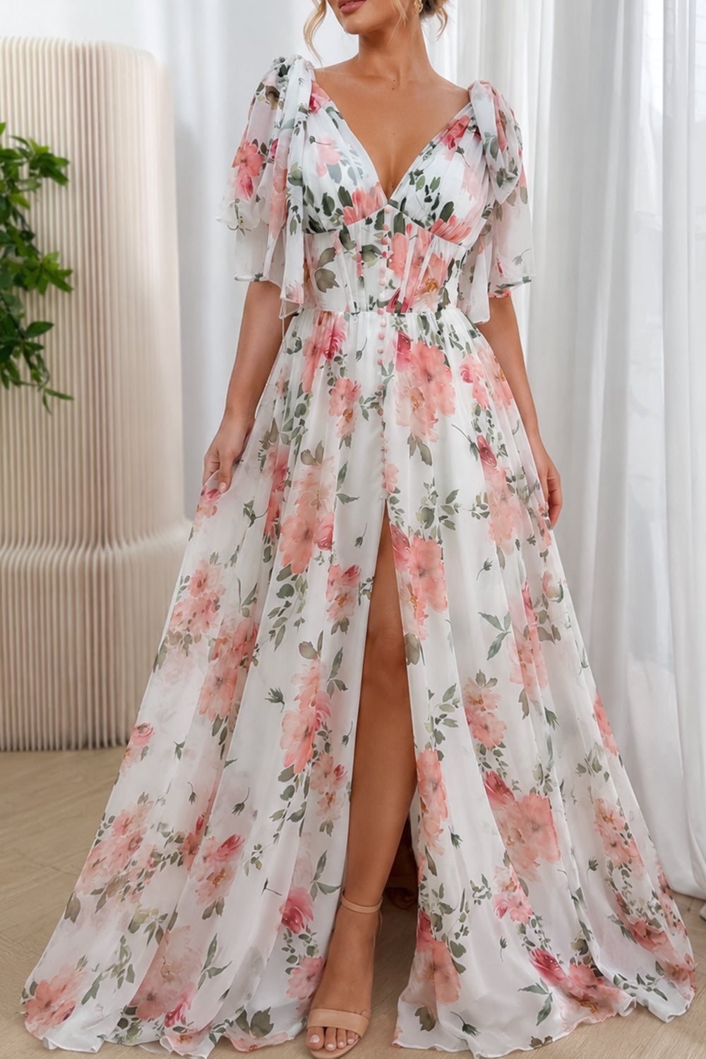 Infinity Corset – Chiffonkleid mit V-Ausschnitt und Blumendruck und Schlitz