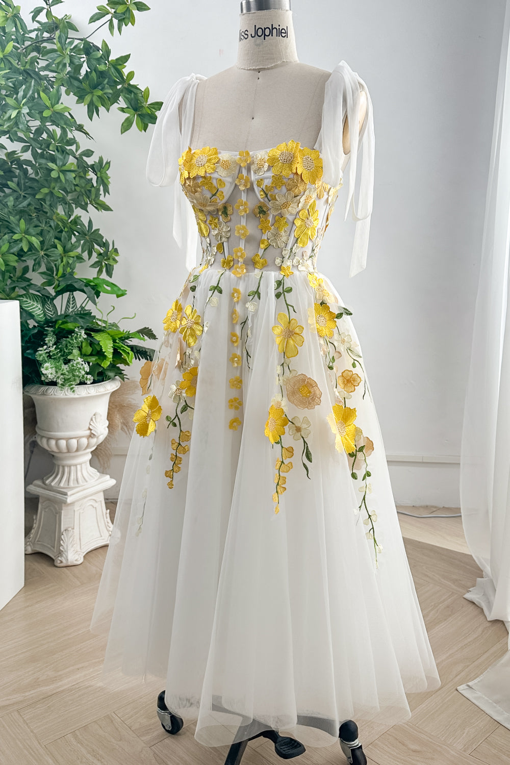 MissJophiel Corset Yellow Floral Applique Ivory Slit Dress with Tie Straps