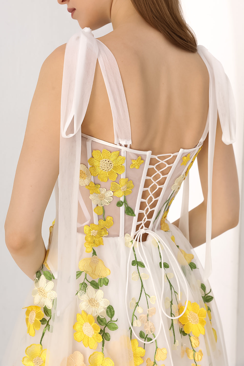 Corset Yellow Floral Applique Ivory Slit Dress with Tie Straps