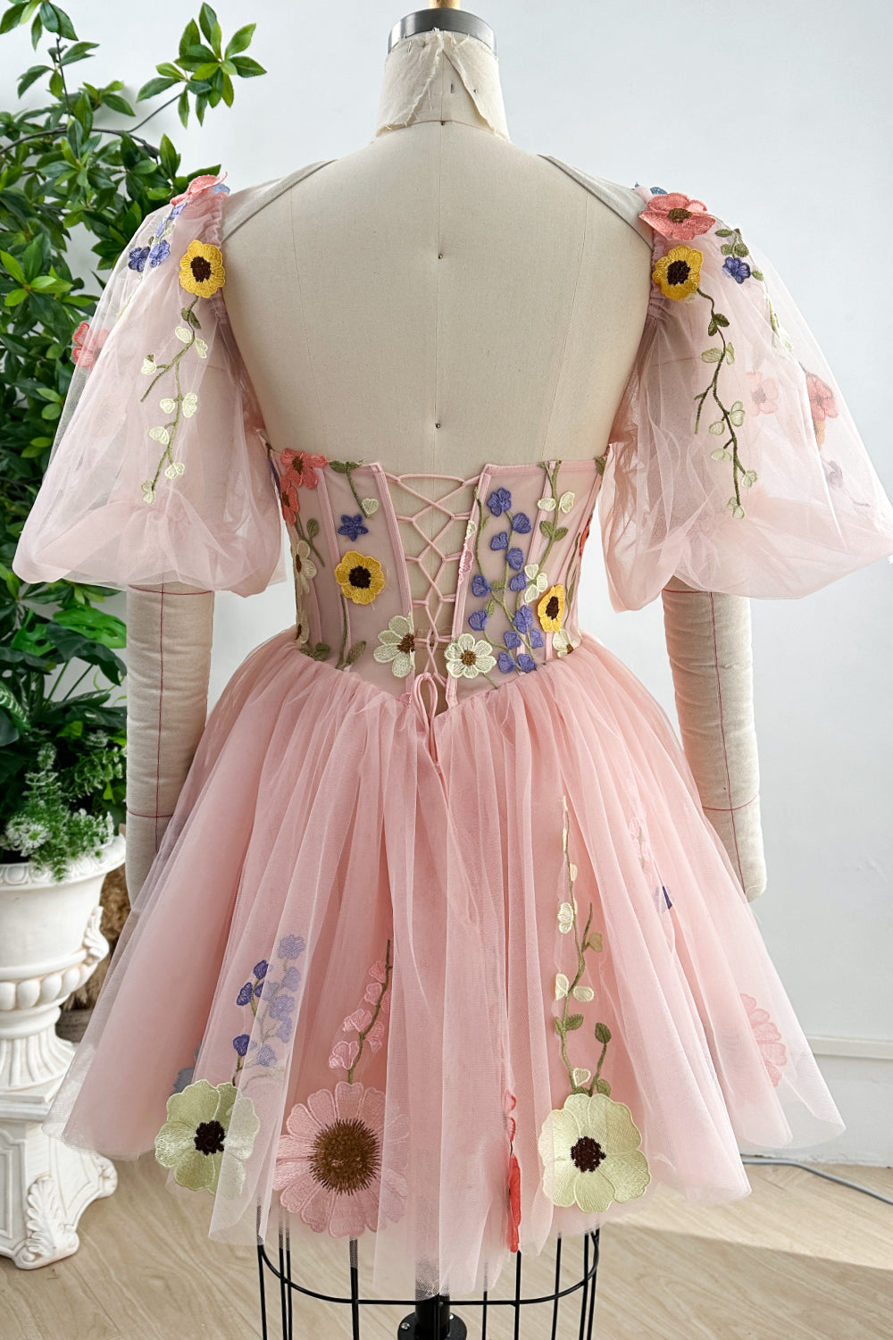 MissJophiel Strapless Corset Floral Applique Dress with Removable Puff Sleeves