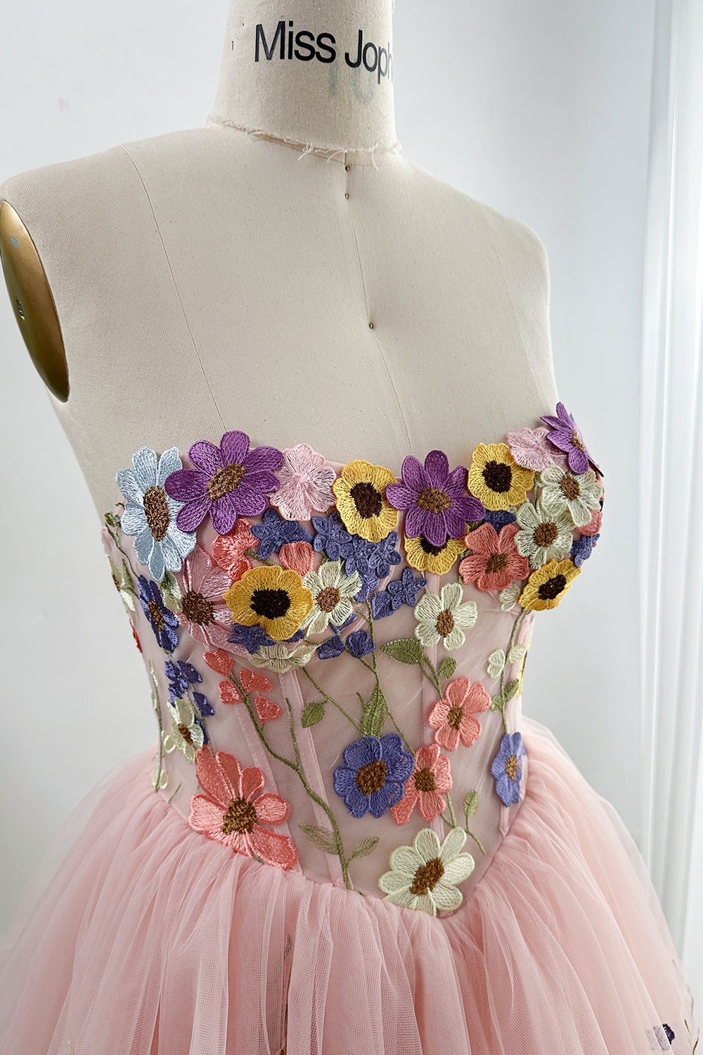 Strapless Corset Floral Applique Dress with Removable Puff Sleeves