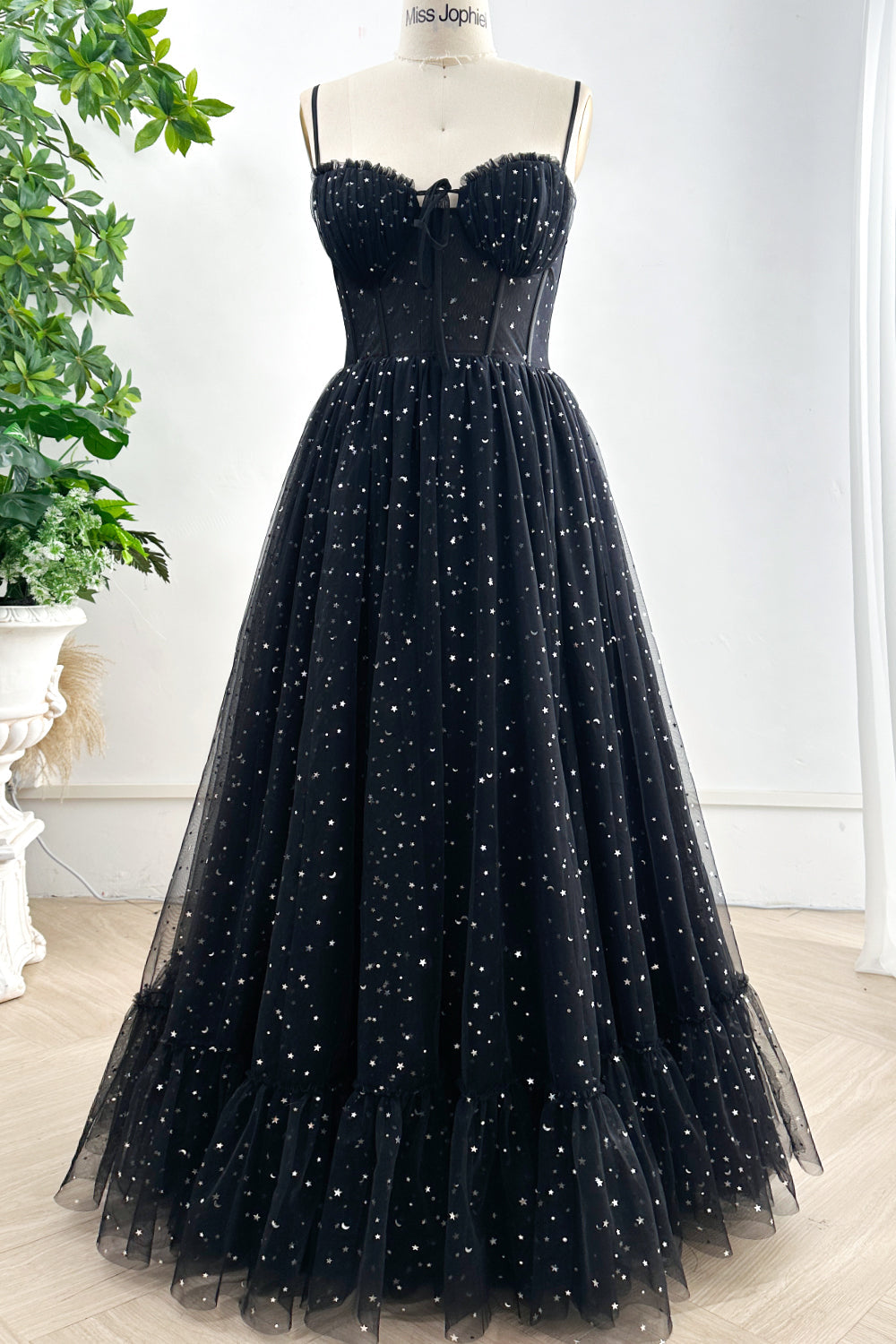 MissJophiel Spaghetti Straps Corset Silver Star Black Tulle Long Dress with Slit Other / Above Knee / US16 MissJophiel Spaghetti Straps Corset Silver Star Black Tulle Long Dress with Slit Other / Above Knee / US16