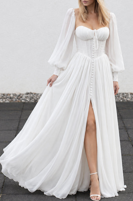 Corset Ivory Chiffon Long Wedding Dress with Removable Puff Sleeves