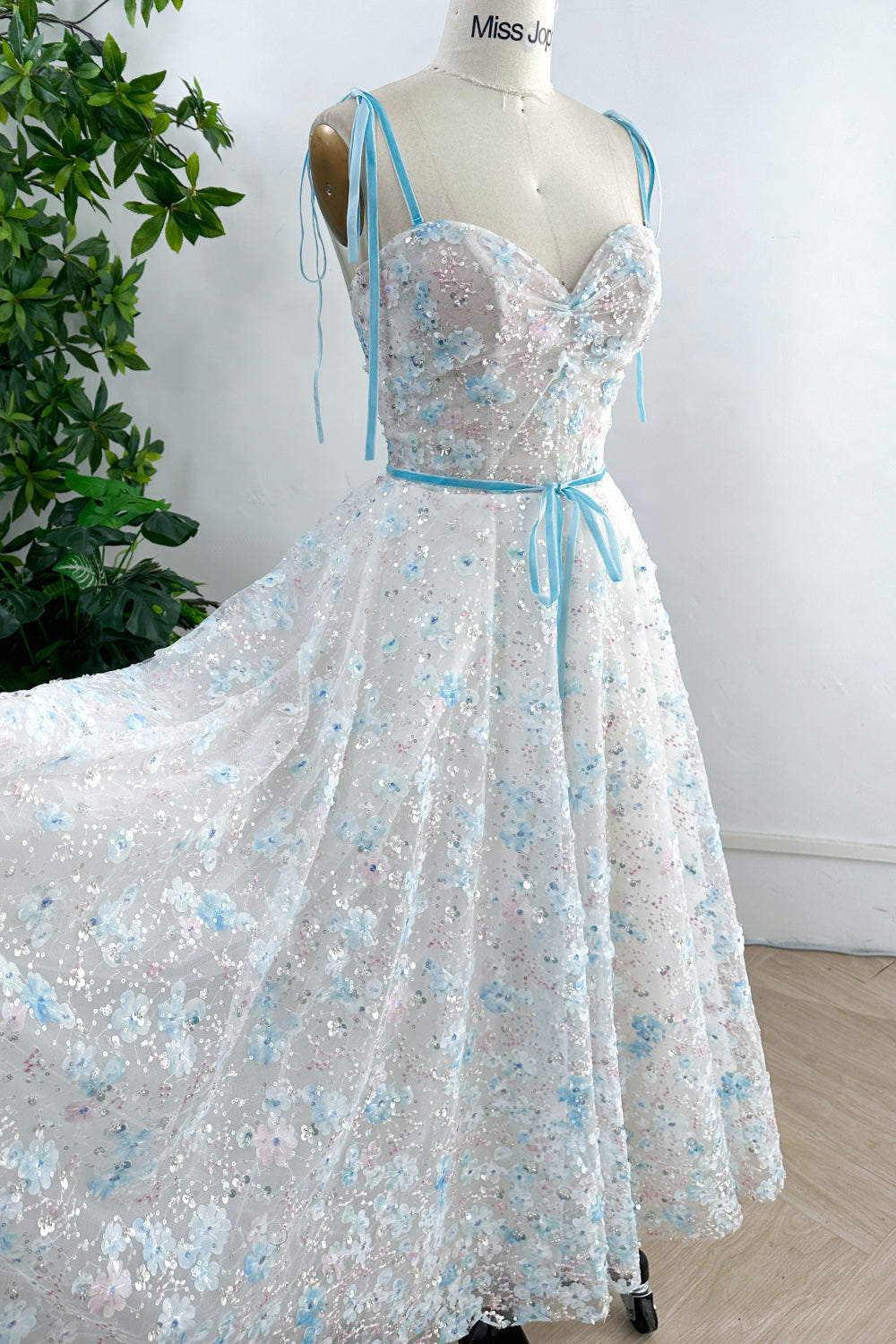 MissJophiel Corset Sky Blue 3D Floral Dress with Removable Tie Straps Sky Blue / Floor Length / US8 MissJophiel Corset Sky Blue 3D Floral Dress with Removable Tie Straps Sky Blue / Floor Length / US8