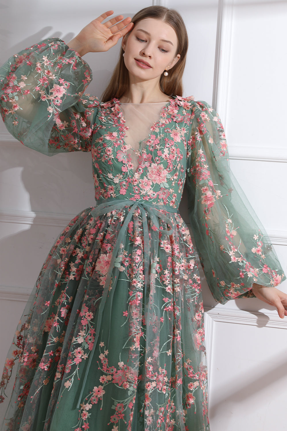 MissJophiel Long Sleeves O Neck Pink Floral Embroidery Sage Tulle Dress Pink / Sage / Floor Length / US8 MissJophiel Long Sleeves O Neck Pink Floral Embroidery Sage Tulle Dress Pink / Sage / Floor Length / US8