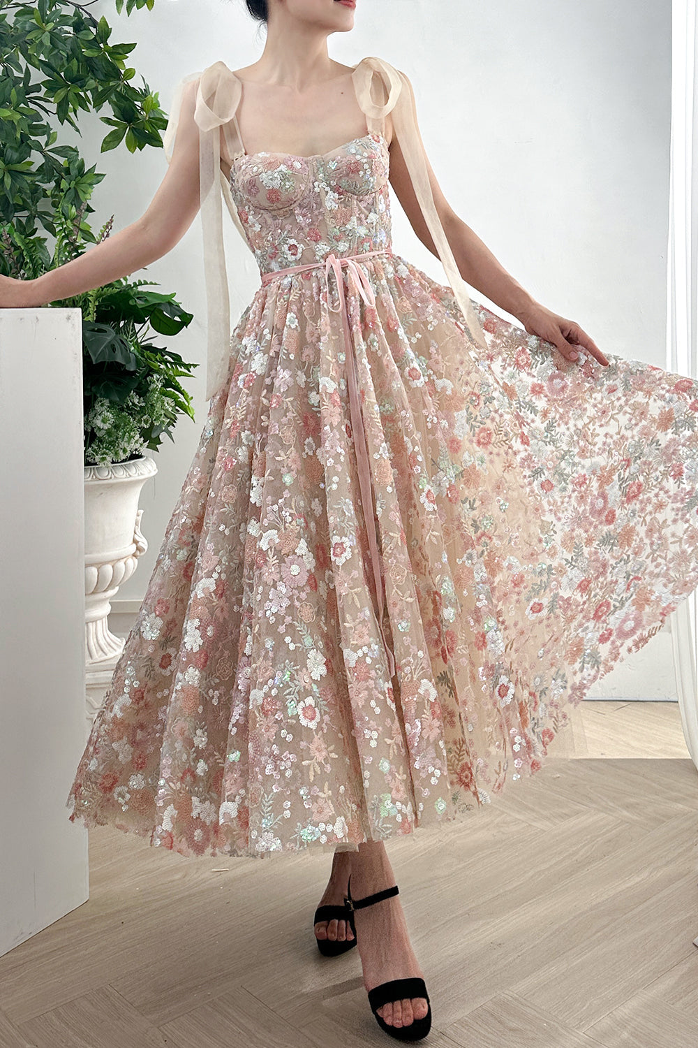 MissJophiel Corset Floral Sequined Pink Midi Prom Dress with Tie Straps MissJophiel Corset Floral Sequined Pink Midi Prom Dress with Tie Straps