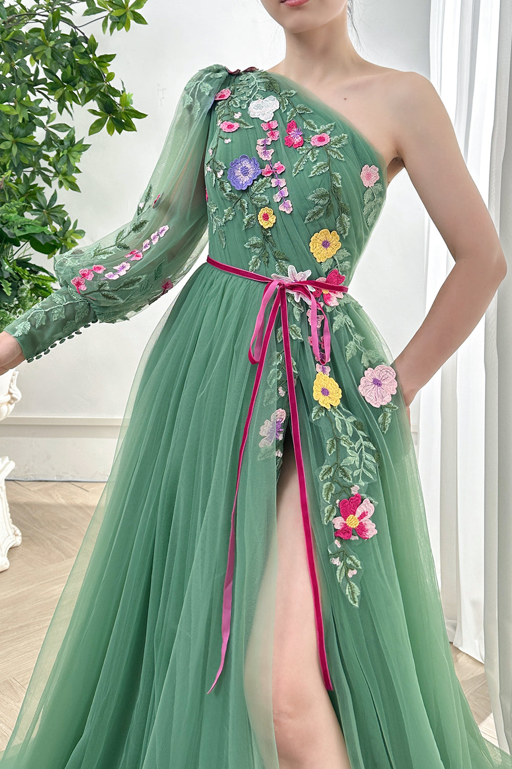MissJophiel One Shoulder Long Sleeves Floral Embroidery Sage Green Dress with Slit Other / Tea Length / US2 MissJophiel One Shoulder Long Sleeves Floral Embroidery Sage Green Dress with Slit Other / Tea Length / US2