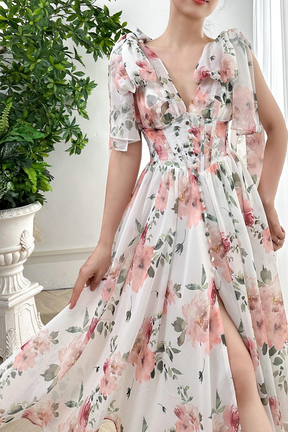 MissJophiel Infinity Corset Floral Print Chiffon Dress with Slit Ivory Floral / Tea Length / US12 MissJophiel Infinity Corset Floral Print Chiffon Dress with Slit Ivory Floral / Tea Length / US12