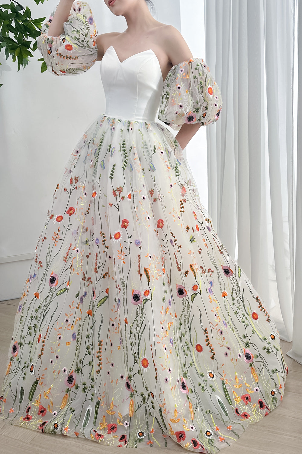 MissJophiel Strapless V Neck Corset Floral Ball Gown with remvoable Puffy Sleeves Other / Above Knee / US4