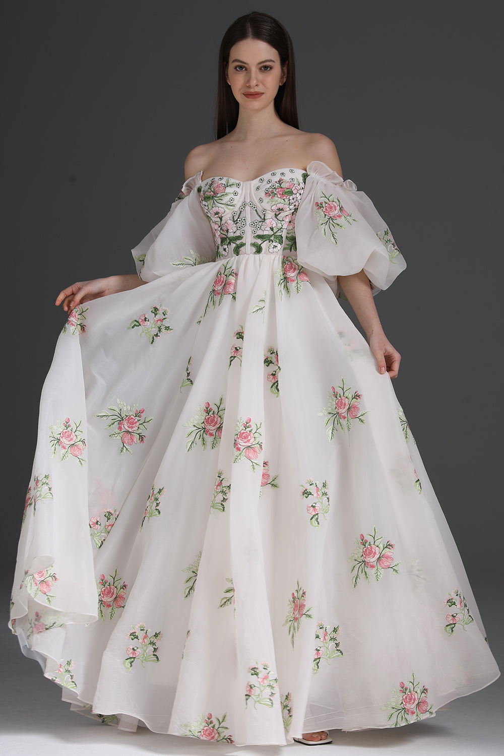 off the shoulder floral embroidered dress Cinderella Couture 8070J Floral Long Ball Gown Quinceanera Dress