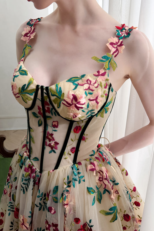 Corset V Neck Floral Embroidery Mini Prom Homecoming Dress