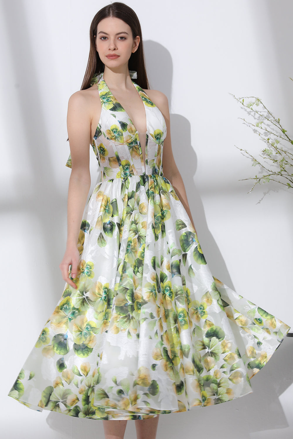 MissJophiel Corset Halter V Neck Green Floral Print Midi Dress Green Print / Above Knee / Custom Size / Plus Size MissJophiel Corset Halter V Neck Green Floral Print Midi Dress Green Print / Above Knee / Custom Size / Plus Size