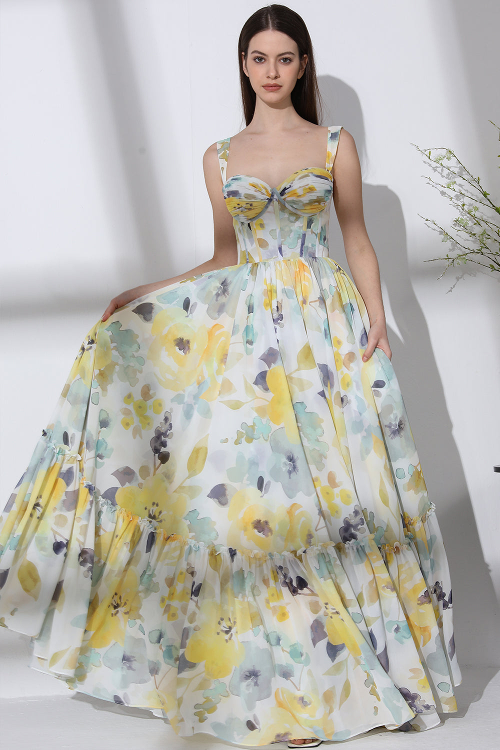 MissJophiel Corset Print Chiffon Long Tiered Dress with Removable Straps MissJophiel Corset Print Chiffon Long Tiered Dress with Removable Straps