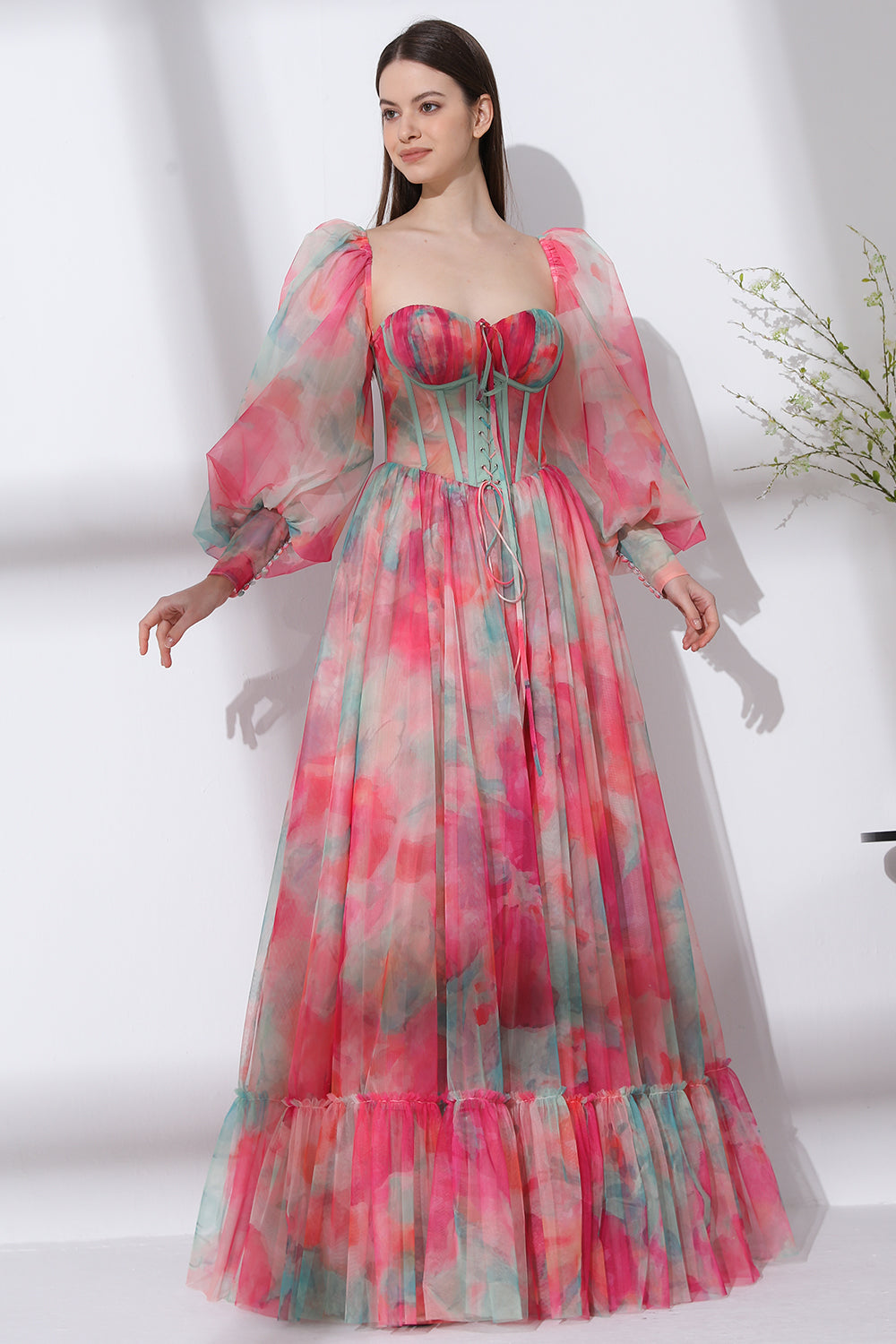 MissJophiel Corset Floral Print Tulle Long Dress with Slit and Puffy Sleeves Floral Print / Floor Length / Custom Size/ Plus Size MissJophiel Corset Floral Print Tulle Long Dress with Slit and Puffy Sleeves Floral Print / Floor Length / Custom Size/ Plus Size