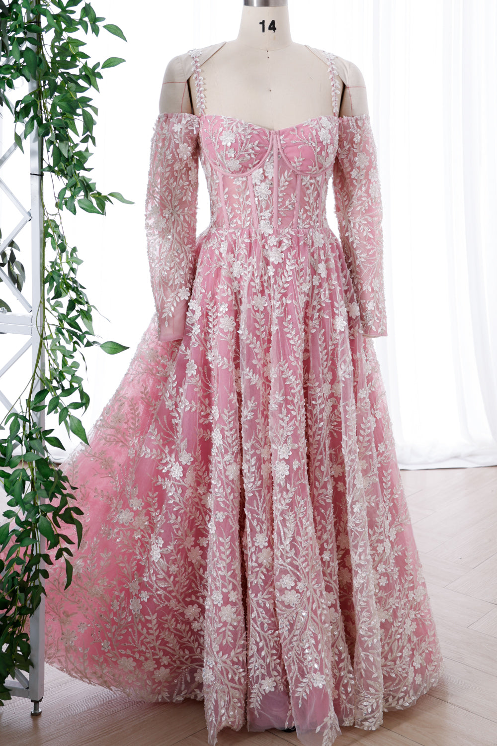 MissJophiel Corset Mangas largas Off the Shoulder Floral Beaded Vestido