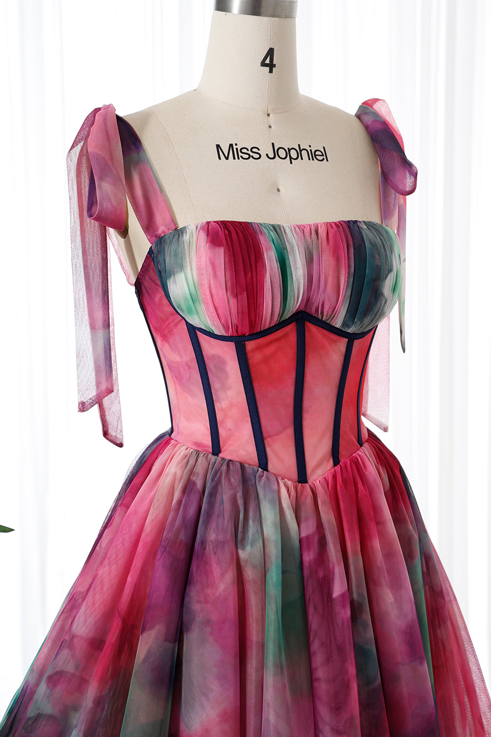 Corset Watercolor Print Tulle Dress with Tie Straps