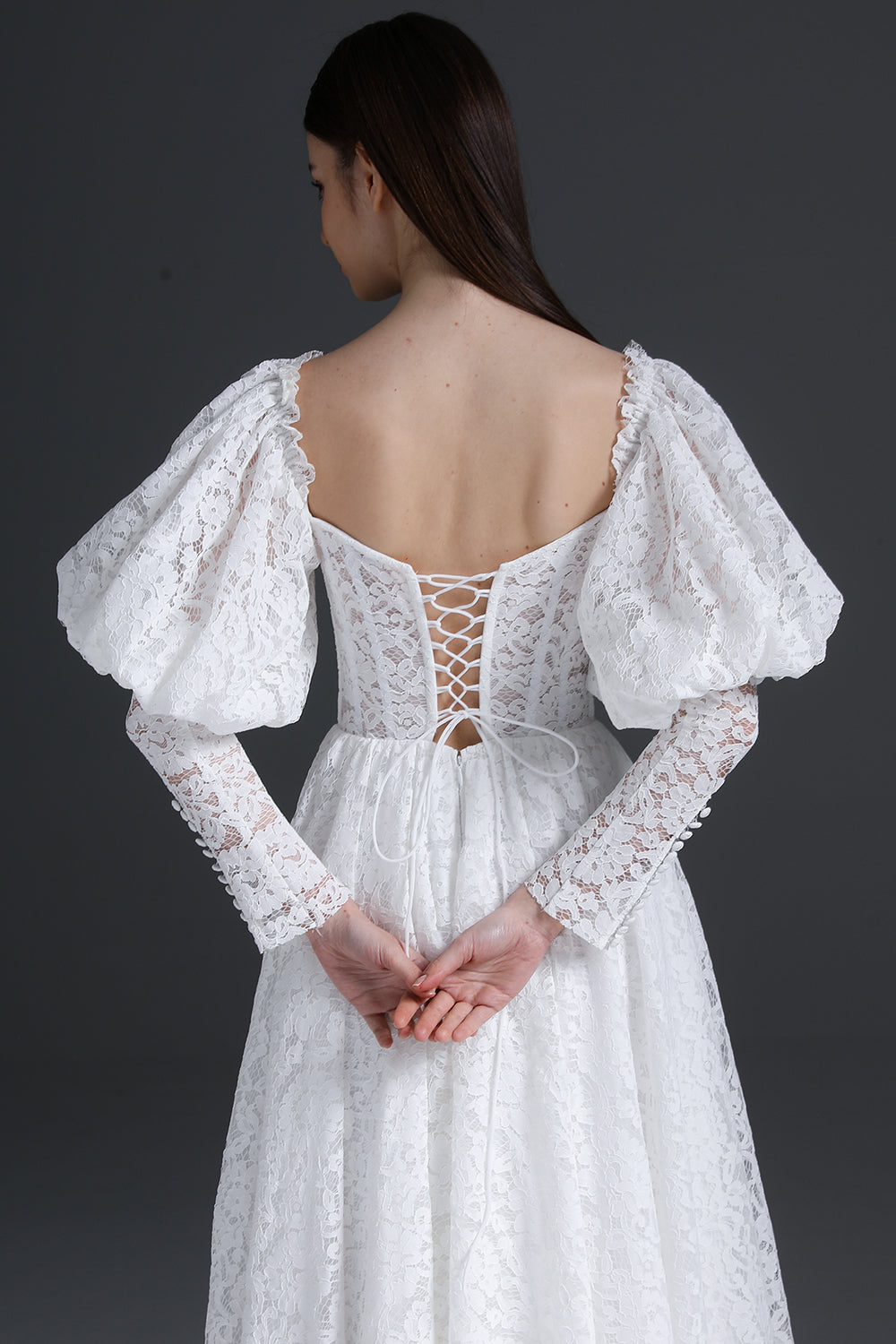Romantic Off-Shoulder White Lace Midi Wedding Dress with Puff Sleeves