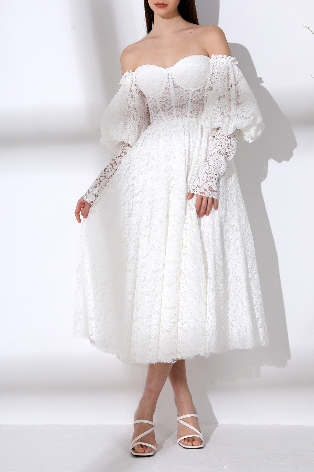 Romantic White Lace Off-Shoulder Midi Wedding Dress with Puff Sleeves MissJophiel Romantic White Lace Off-Shoulder Midi Wedding Dress with Puff Sleeves MissJophiel