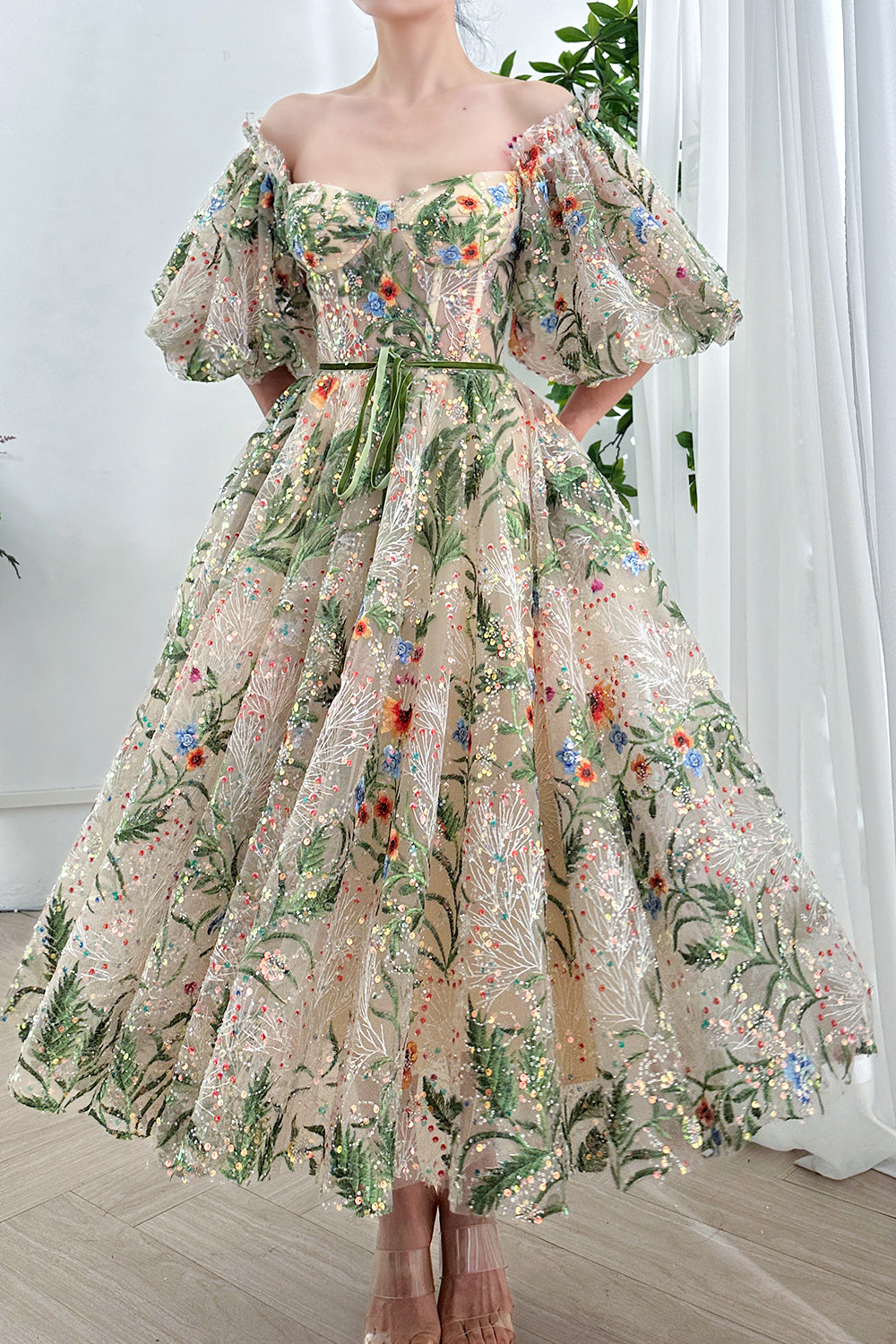 MissJophiel Off the Shoulder Corset Floral Embroidery Beaded Dress with Puffy Sleeves MissJophiel Off the Shoulder Corset Floral Embroidery Beaded Dress with Puffy Sleeves
