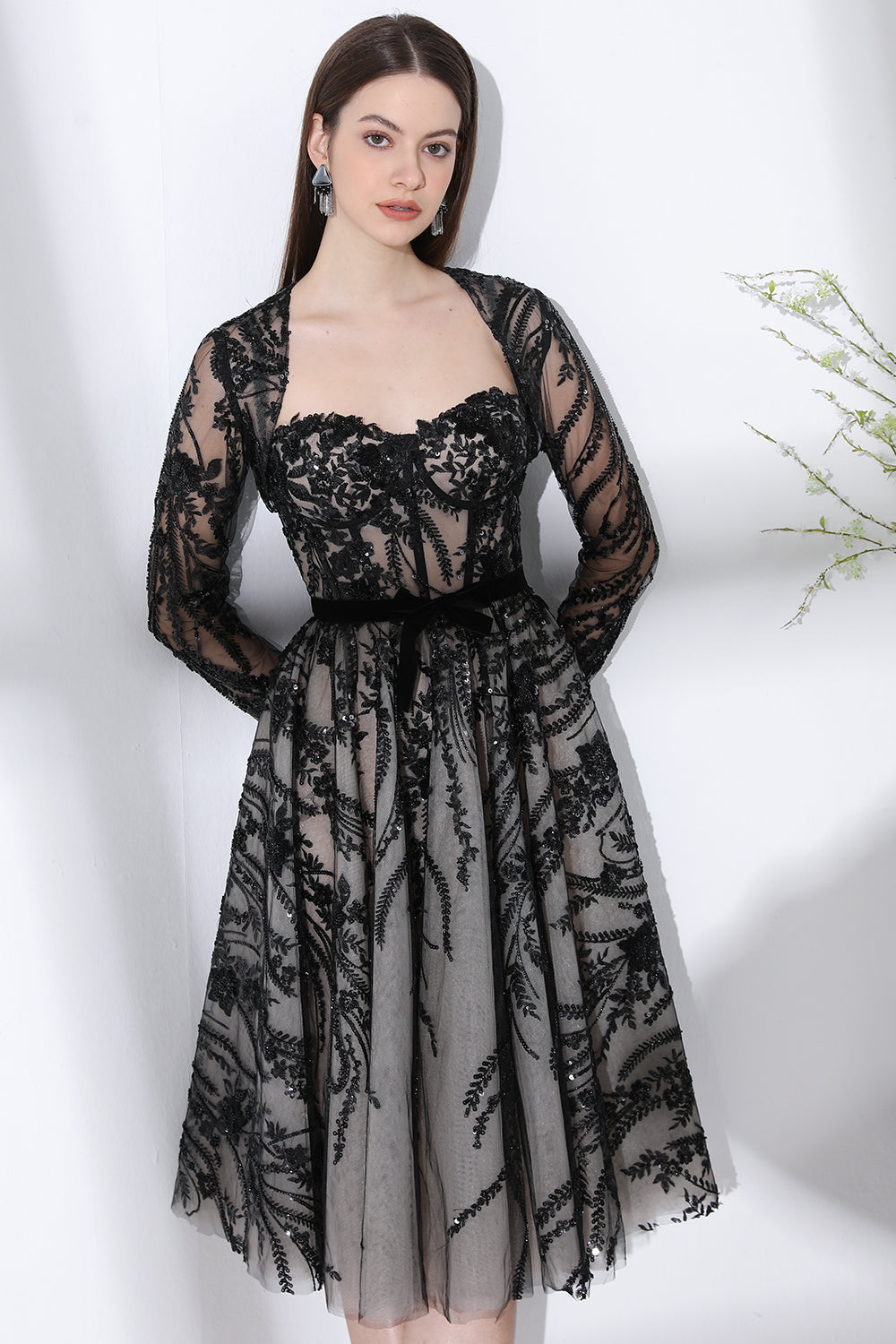 MissJophiel Straps Corset Floral Embroidery Beaded Dress with Long Sleeves Jacket Other / Above Knee / Custom Size / Plus Size MissJophiel Straps Corset Floral Embroidery Beaded Dress with Long Sleeves Jacket Other / Above Knee / Custom Size / Plus Size