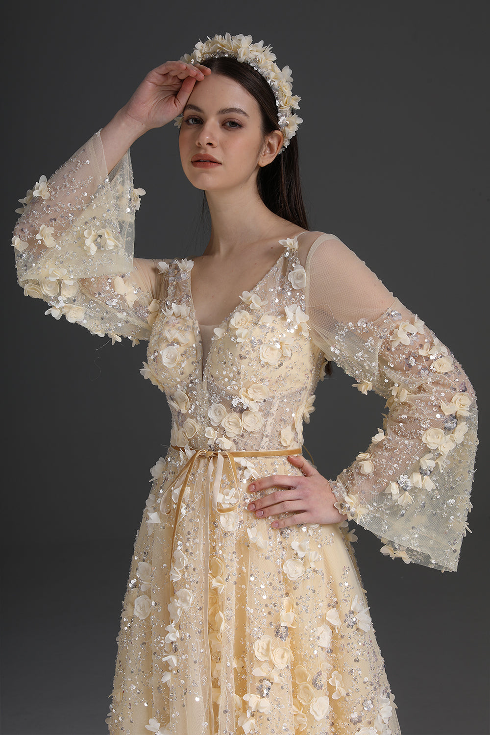 MissJophiel Long Sleeves Corset V Neck Floral Beaded Dress MissJophiel Long Sleeves Corset V Neck Floral Beaded Dress