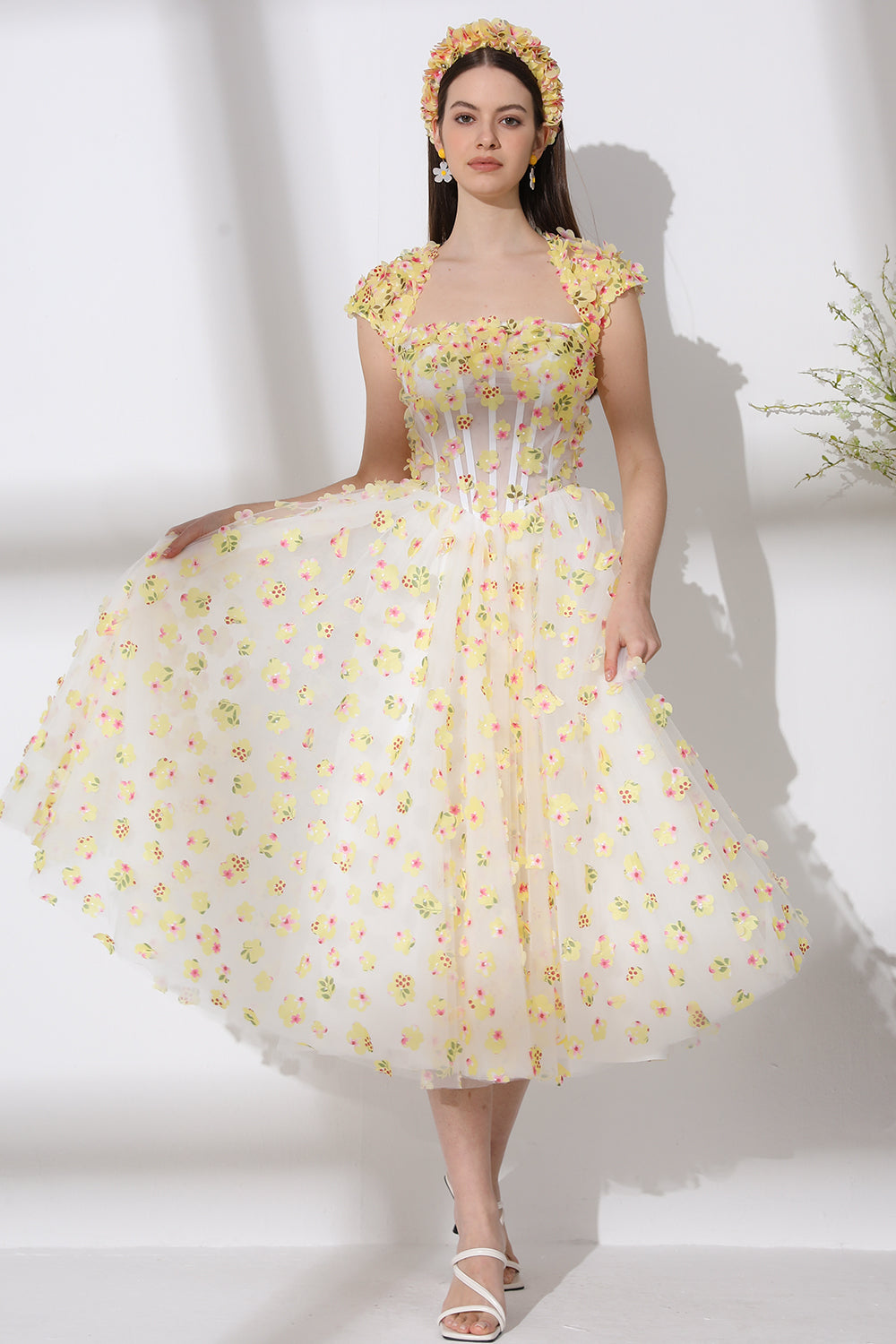 MissJophiel Strapless Corset 3D Floral Dress with Cap Sleeves Jacket Yellow/Ivory / Floor Length / US4 MissJophiel Strapless Corset 3D Floral Dress with Cap Sleeves Jacket Yellow/Ivory / Floor Length / US4