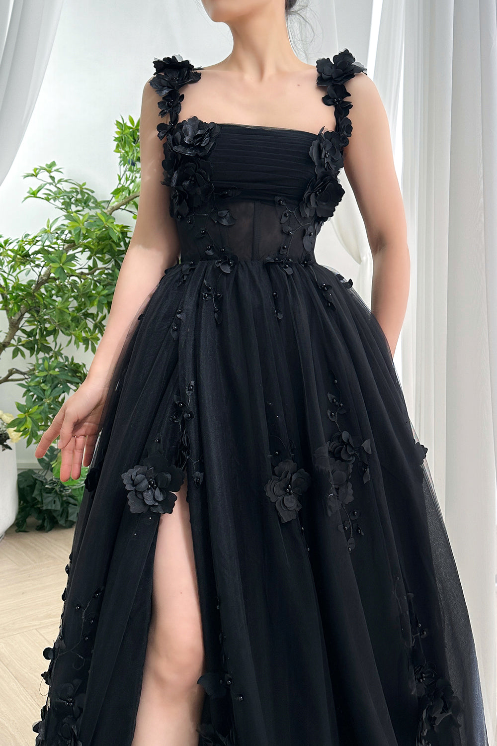 black 3d flower dress Black Gothic 3D Floral Embroidered Lace Wedding Dress, Alternative Flower Tulle Gown, Scalloped Lace Flower Applique Dress