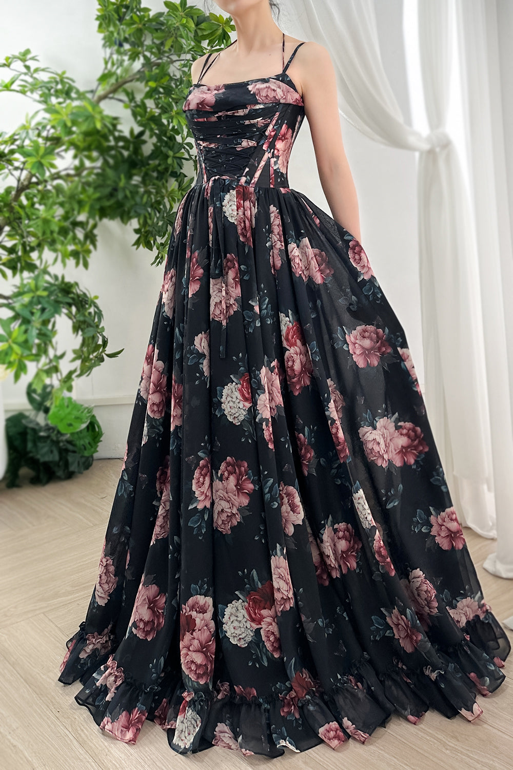 MissJophiel Halter Cowl Neck Corset Floral Print Chiffon Dress MissJophiel Halter Cowl Neck Corset Floral Print Chiffon Dress