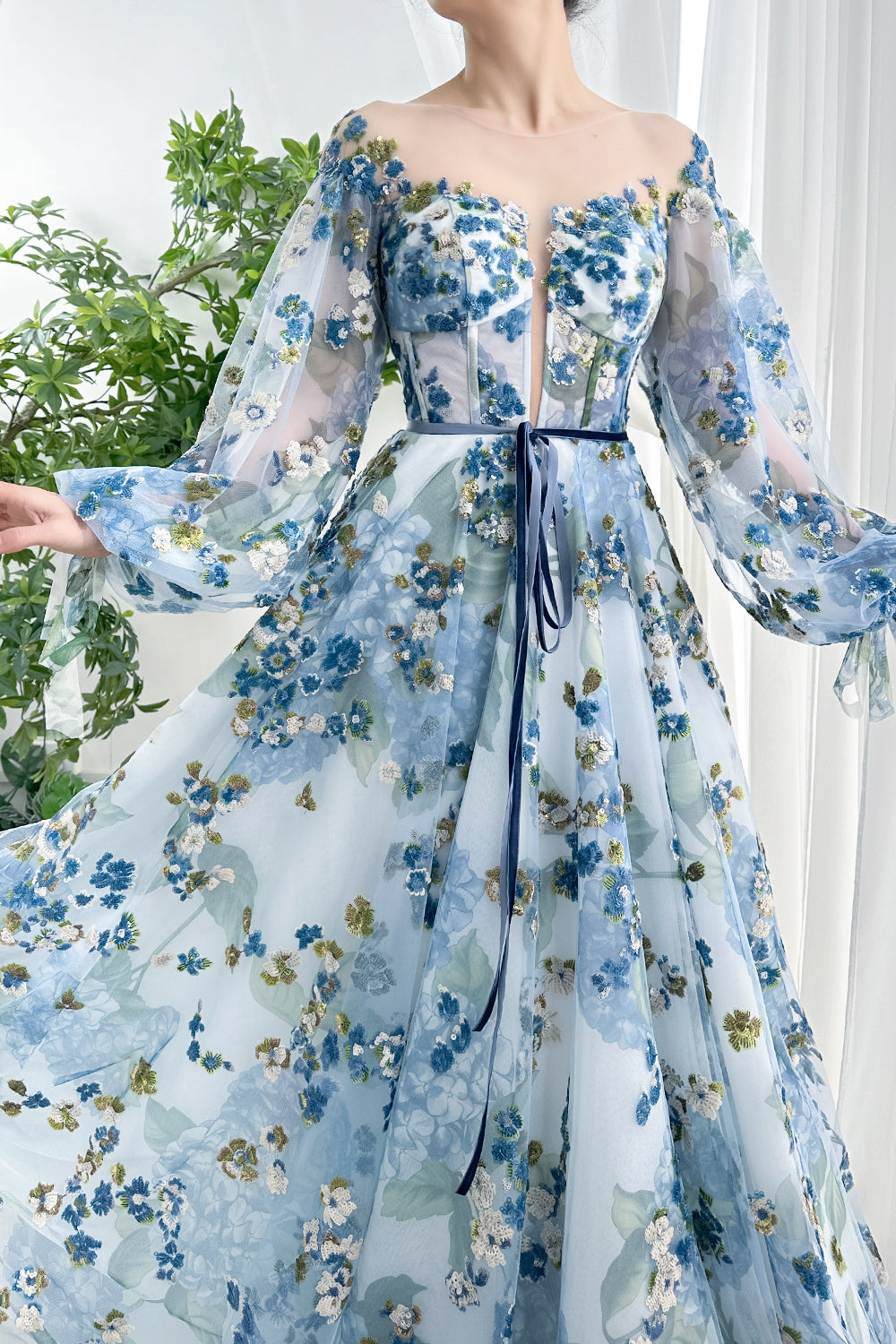 MissJophiel Blue Corset Illusion long Sleeves Sequin Embroidery Formal Evening Gown