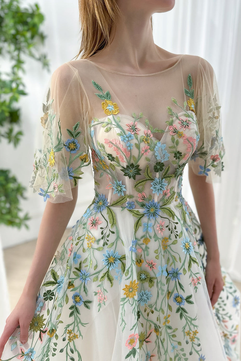 Corset Illusion Boat Neck Floral Embroidery Dress with Sleeves
